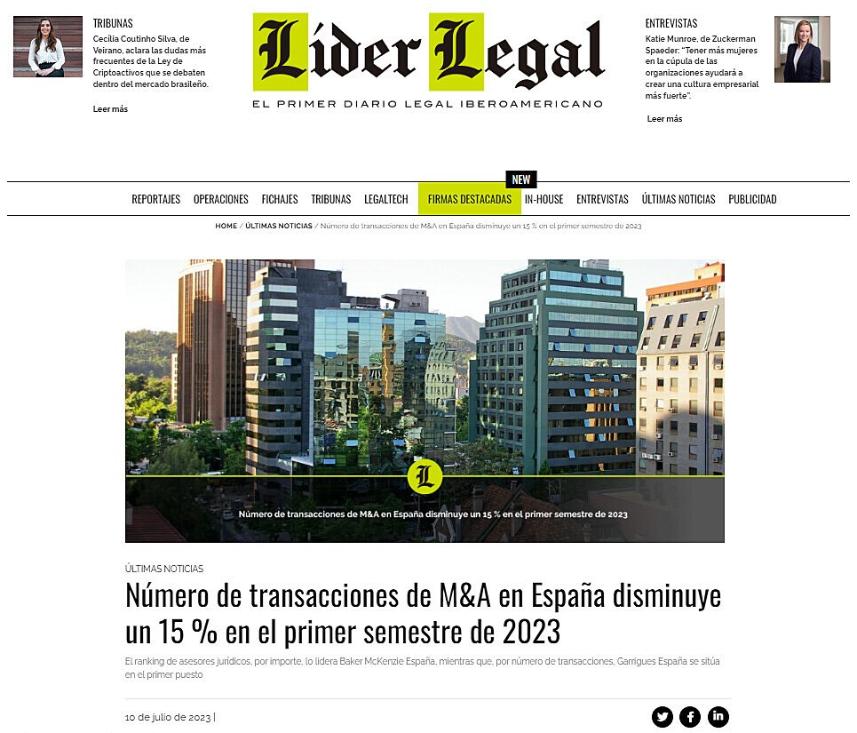 Nmero de transacciones de M&A en Espaa disminuye un 15 % en el primer semestre de 2023